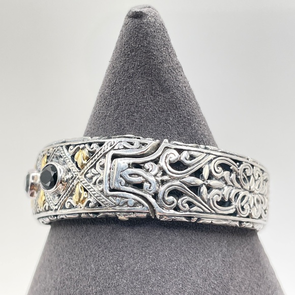 Robert Manse Signed 925 Sterling Silver 18K Onyx Cuff Bangle Bracelet - Picture 3 of 12